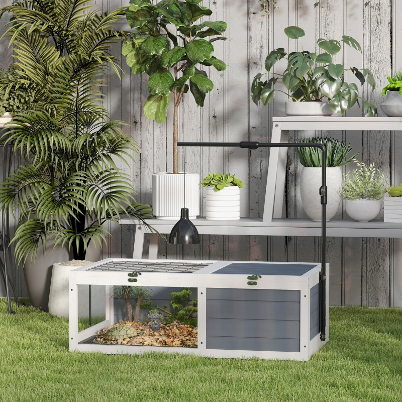 PawHut Tortoise Table with Adjustable Lamp Holder, Wooden Tortoise House w/ Openable Lids, Pull-Out Trays - Grey