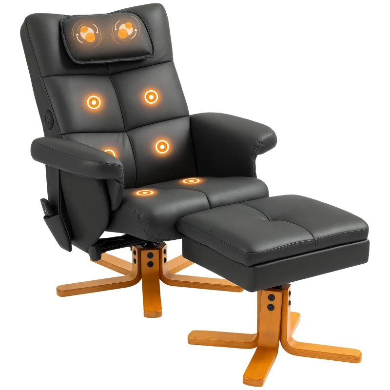 HOMCOM Faux Leather Massage Recliner Chair, with Storage Ottoman - Black