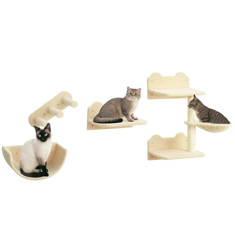 PawHut Prateleiras de Parede para Gatos 4 Peças com Rede Plataforma Semicircular Plataformas de Salto e Poste de Sisal Bege