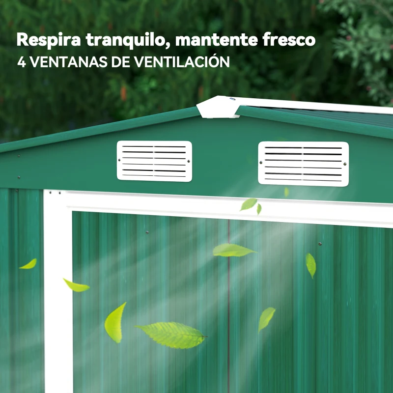 Outsunny Caseta de Metálico 258x206x178 cm 5,3m² con Puertas Correderas y Ventilaciones para Almacenamiento de Herramientas Verde