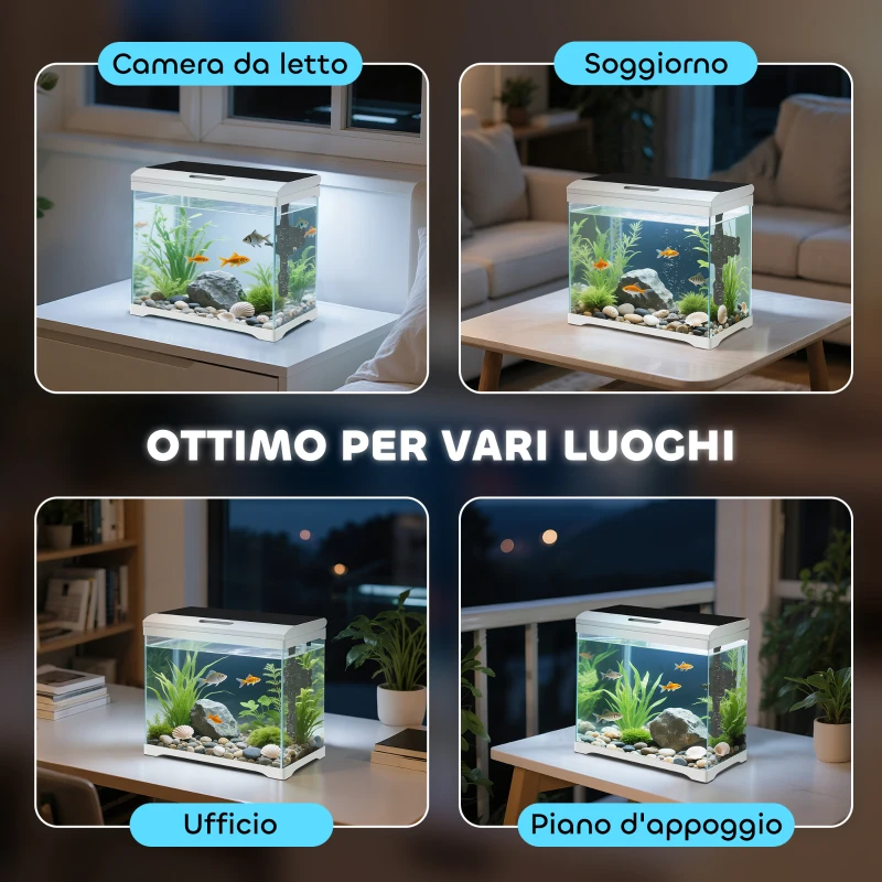 PawHut Acquario per Pesci Rossi 17L con Luci LED, Pompa d'Acqua e Sistema di Filtraggio, 35x21x31 cm, Bianco
