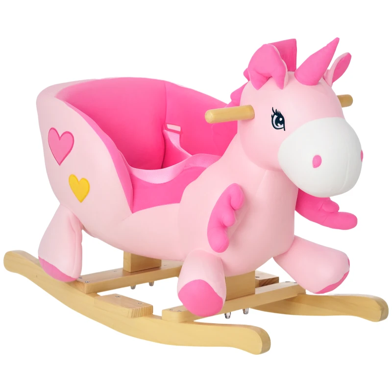 HOMCOM Kids Rocking Horse Ride on Unicorn with Songs, Wooden Base, Seatbelt, for Ages 18-36 Months, Pink