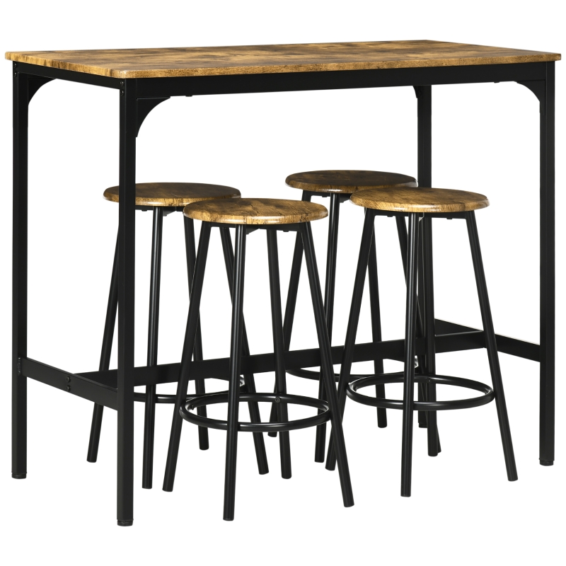 HOMCOM Set de Mesa Bar y 4 Taburetes Muebles Altos con Mesa de 110x50x89,5 cm y Taburetes de Ø30x60,5 cm Negro y Madera
