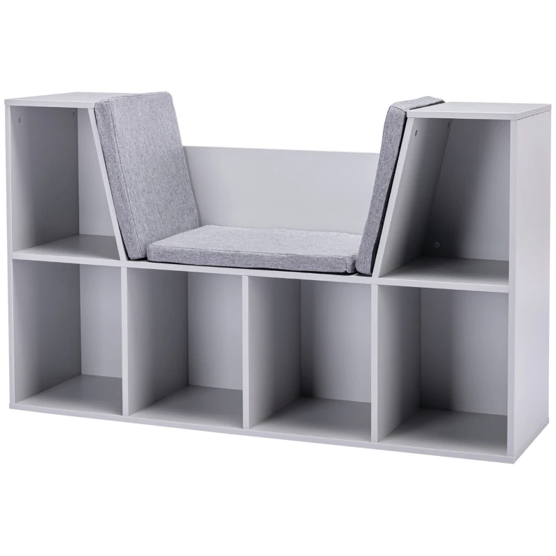 HOMCOM 2-en-1 Etagère pour Enfants + Banc avec Coussin 103 cm × 30 cm × 62 cm Blanc + Gris