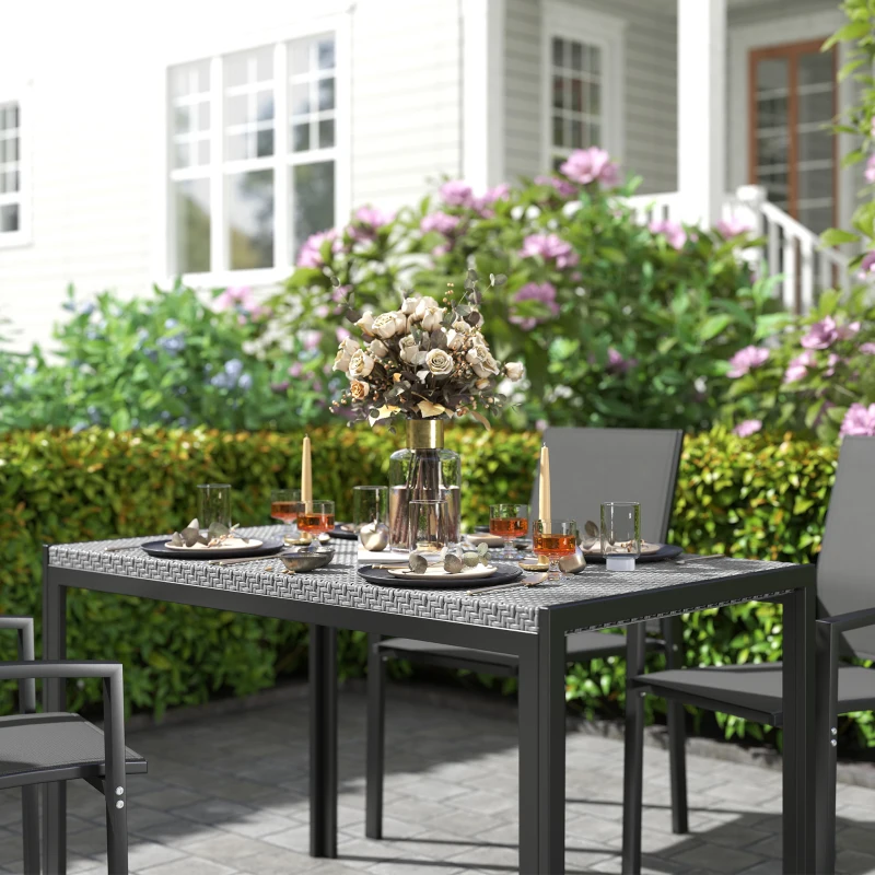 Outsunny Mesa de Refeição para Jardim em Vime Sintético com Estrutura de Metal Resistente às Intempéries 120x70x72 cm Cinzento e Preto