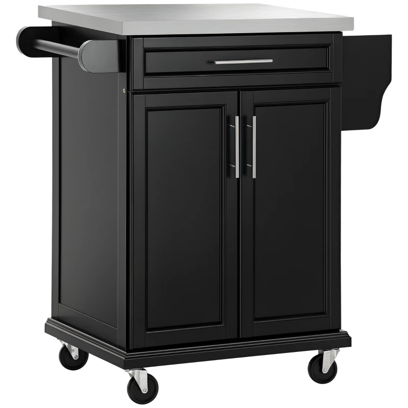 HOMCOM Carrello da Cucina Multifunzionale Elegante con Cassetto, 2 Ante e Ruote, in Legno e Acciaio, 83.5x45.7x90.5cm, Nero