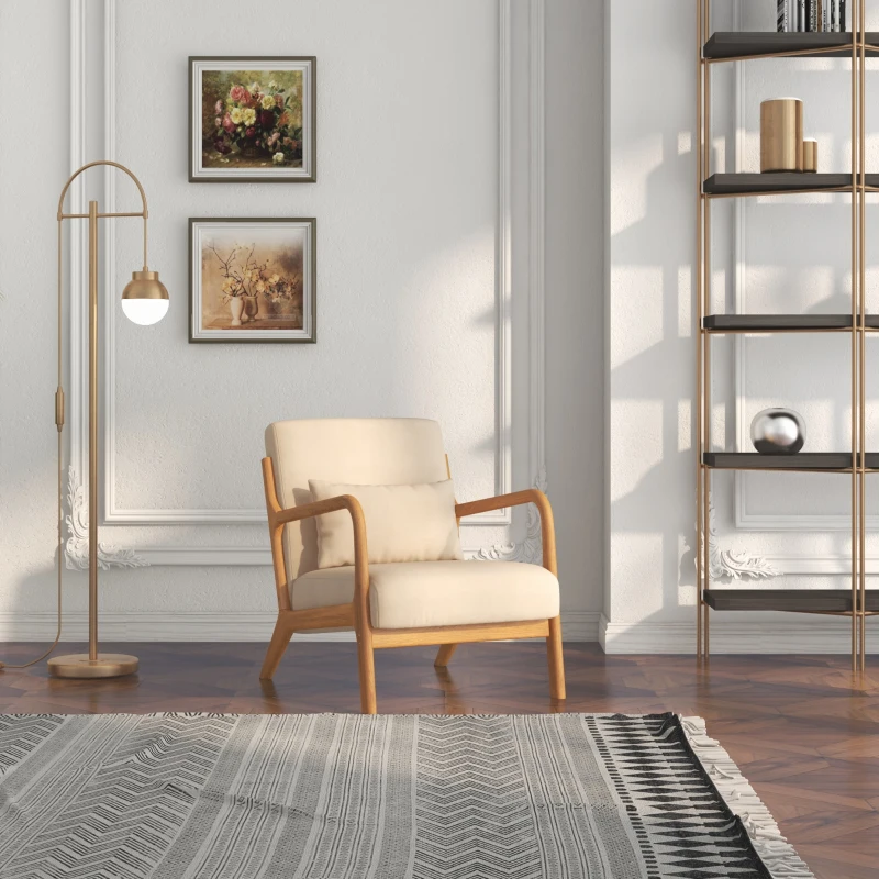 HOMCOM Butaca Nórdica Sillón de Salón Acolchado con Reposabrazos Cojín y Marco de Madera de Caucho 61x78x76 cm Beige(m-6)