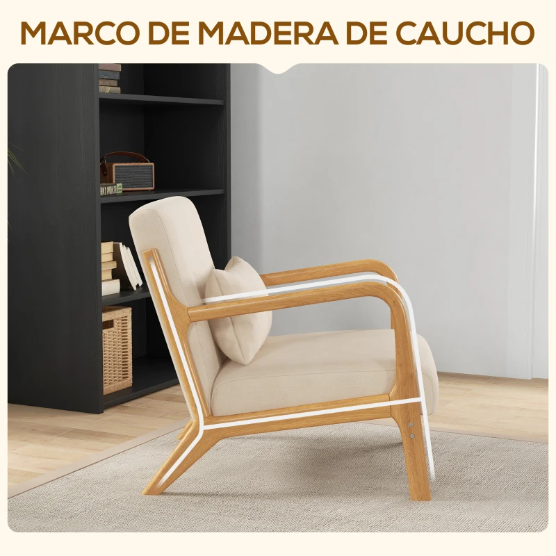 HOMCOM Butaca Nórdica Sillón de Salón Acolchado con Reposabrazos Cojín y Marco de Madera de Caucho 61x78x76 cm Beige(m-5)