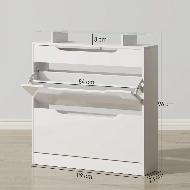 HOMCOM Shoe Storage Cabinet with Slide Out Drawer, 2 Flip Doors, Tempered Glass Top - White