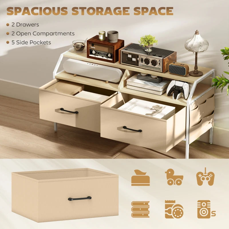 HOMCOM TV Stand Cabinet, TV Unit for 55-inch TVs with 2 Foldable Fabric Drawers, 5 Divided Side Pockets, Open Shelves, Console Table for Living Room, Bedroom, Entertainment Room, Natural Wood Finish