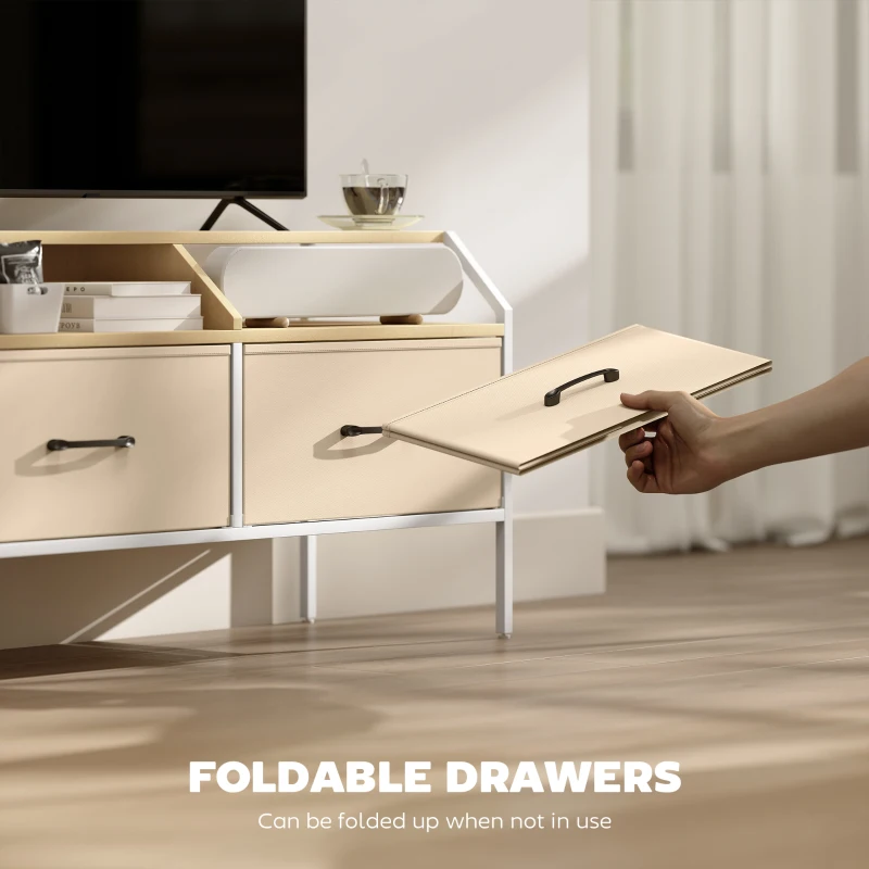 HOMCOM TV Stand Cabinet, TV Unit for 55-inch TVs with 2 Foldable Fabric Drawers, 5 Divided Side Pockets, Open Shelves, Console Table for Living Room, Bedroom, Entertainment Room, Natural Wood Finish