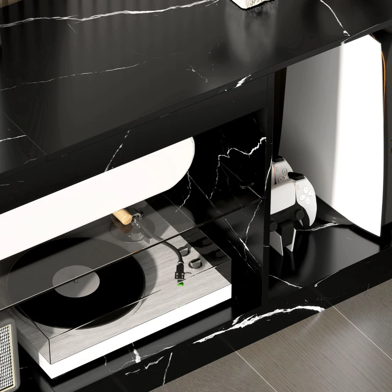 HOMCOM TV Stand Cabinet, Marble Effect TV Unit for up to 55" TVs with Glass Shelf and Storage Cabinet, Entertainment Unit for Living Room, Bedroom, Black