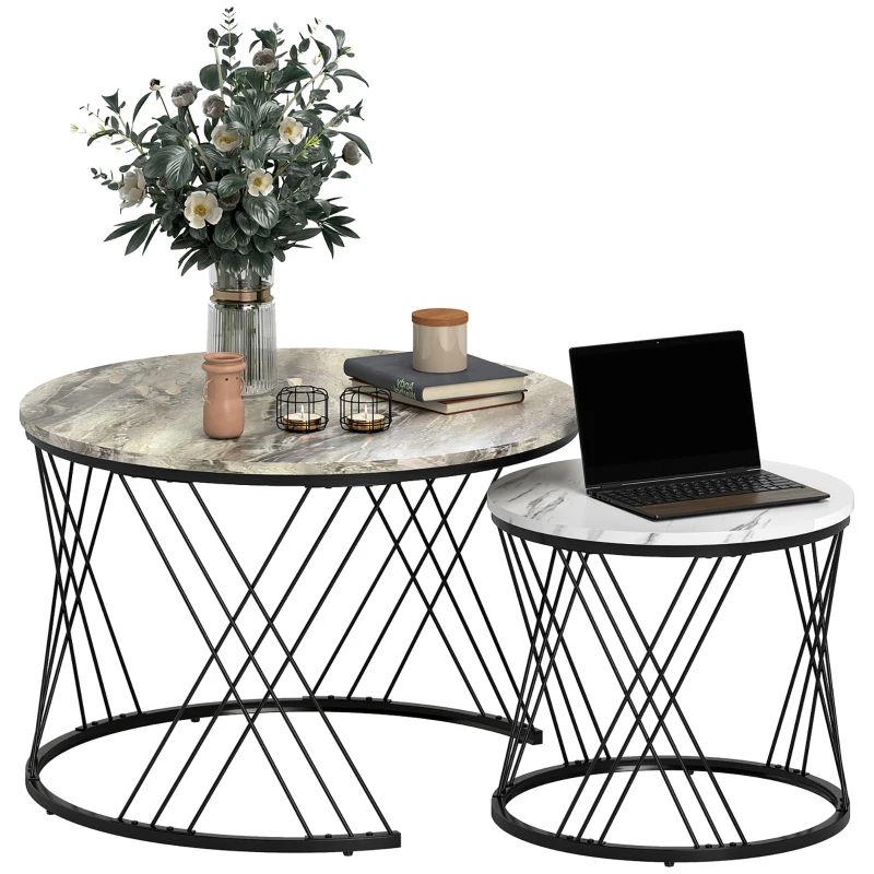 HOMCOM Set di 2 tavolini nidificati rotondi Ø 70/44,5 cm con piano effetto marmo e piedi in metallo, grigio e bianco