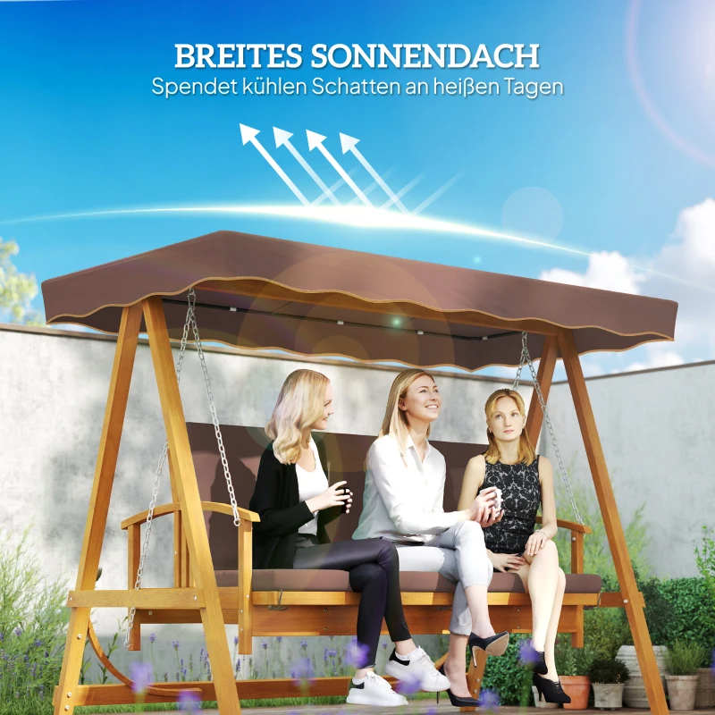 Outsunny Hollywoodschaukel mit Sonnendach, Echtholz-Gartenschaukel, Schaukelbank mit Liege-Funktion, für 3 Personen, Braun(m-5)