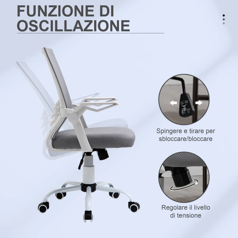 Vinsetto Sedia da Ufficio Ergonomica con Braccioli e Supporto Lombare, in Tessuto Effetto Lino, 62.5x55x94-104 cm, Grigia