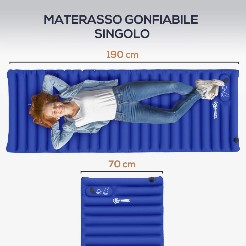 Outsunny Materasso Gonfiabile Singolo con Pompa a Pedale Incorporata, in Plastica 190T, 195x70x10 cm, Blu