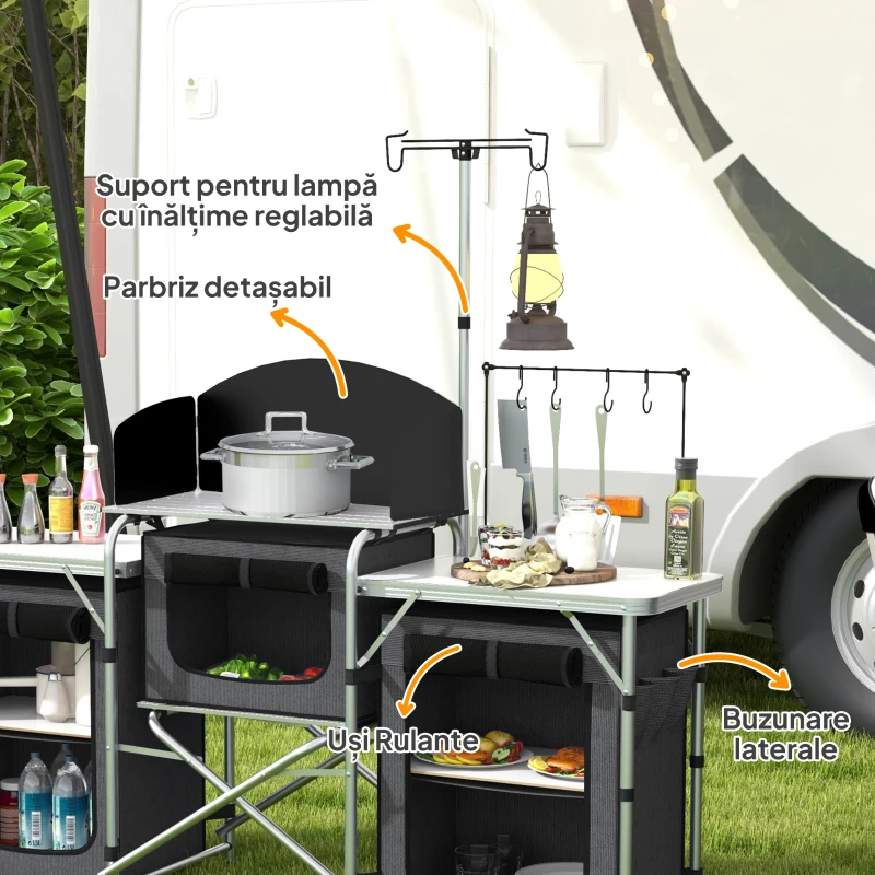 Outsunny Bucătărie de Camping Pliabilă cu 3 Blaturi, 5 Rafturi Interne și 4 Cârlige, 172x48x119 cm, Negru