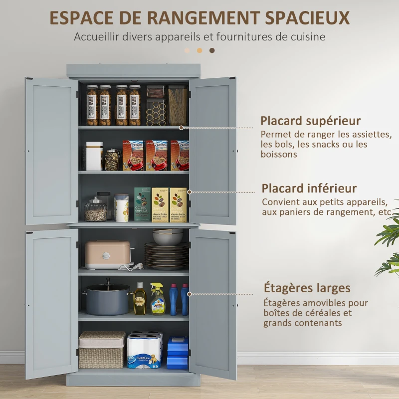 HOMCOM Armoire de cuisine buffet cuisine style moderne avec placards, étagères réglables, 76 x 40,5 x 184 cm, gris(m-4)