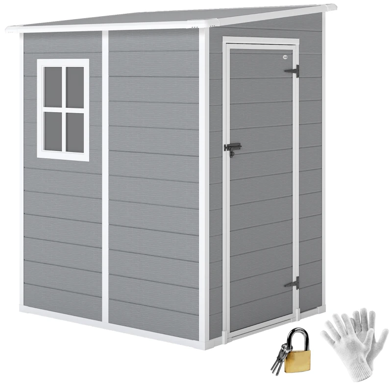 Outsunny 4 x 5FT Plastic Garden Shed with Floor, Lean to Shed, Lockable Tool Storage House with Window, Vent and Plastic Roof, Grey
