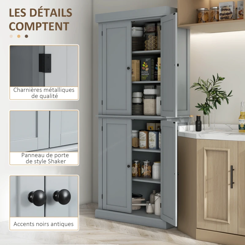 HOMCOM Armoire de cuisine buffet cuisine style moderne avec placards, étagères réglables, 76 x 40,5 x 184 cm, gris(m-7)