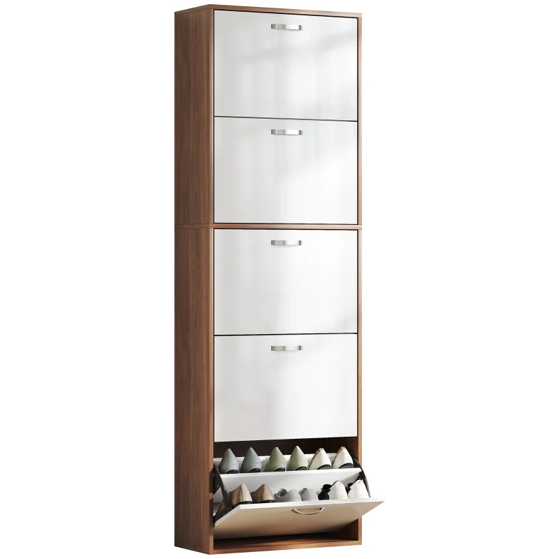HOMCOM Armoire à Chaussures Meuble à Chaussures Design Contemporain 5 Portes abattantes Bicolore Blanc Marron foncé Imitation Bois