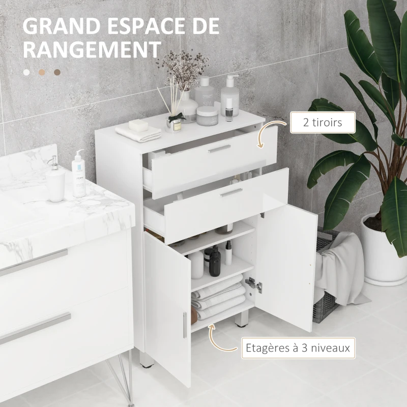kleankin Meuble de salle de bain avec 2 tiroirs placard à double porte et étagères réglables 60 x 30 x 93 cm blanc brillant