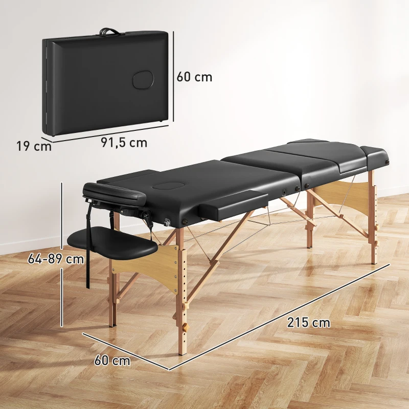 HOMCOM Table de Massage Pliante en Bois 3 Zones avec Hauteur Réglable Appui-Tête Accoudoirs 215x60x64-89 cm Noir