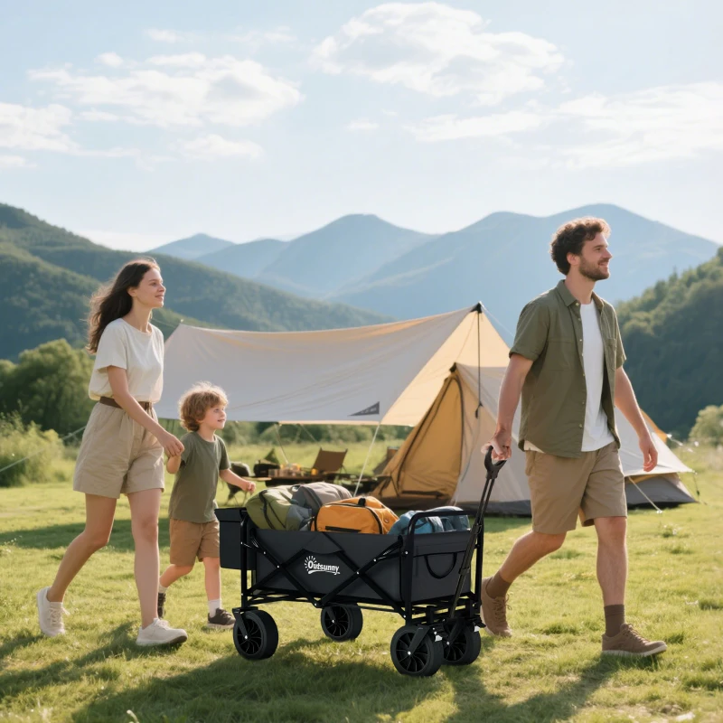 Outsunny Carrinho de Transporte Dobrável com Bolsa Térmica Removível Capacidade 100 kg para Campismo Praia 113x57x77-100 cm Preto