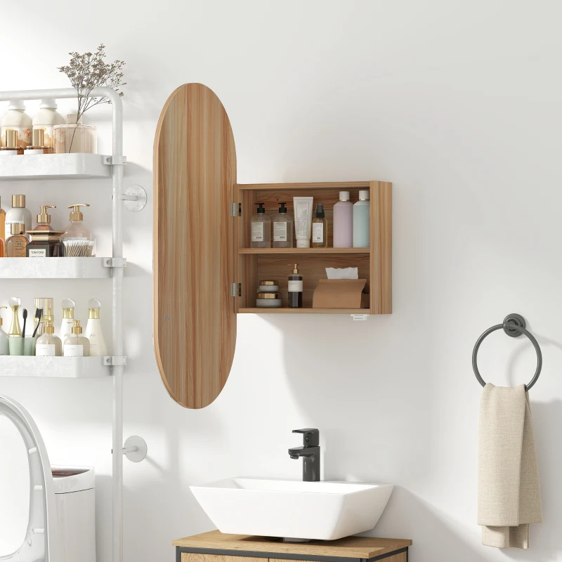 HOMCOM Armoire murale salle de bain avec miroir ovale 45 x 90 cm moderne sans cadre bois naturel
