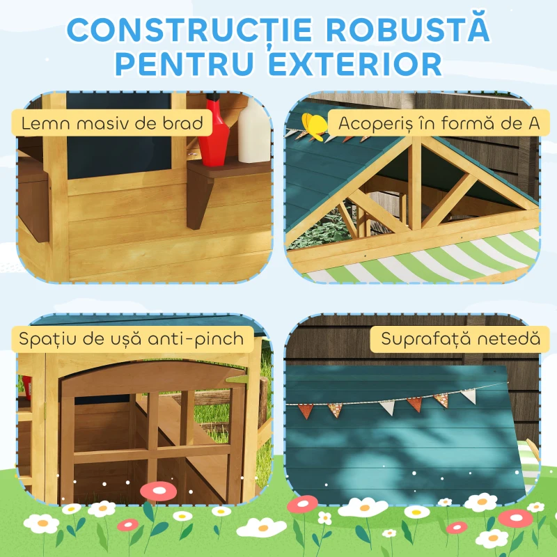 AIYAPLAY Căsuță de Joacă pentru Copii 3-8 Ani cu 5 Ferestre și 2 Table Negre, Maro și Albastru