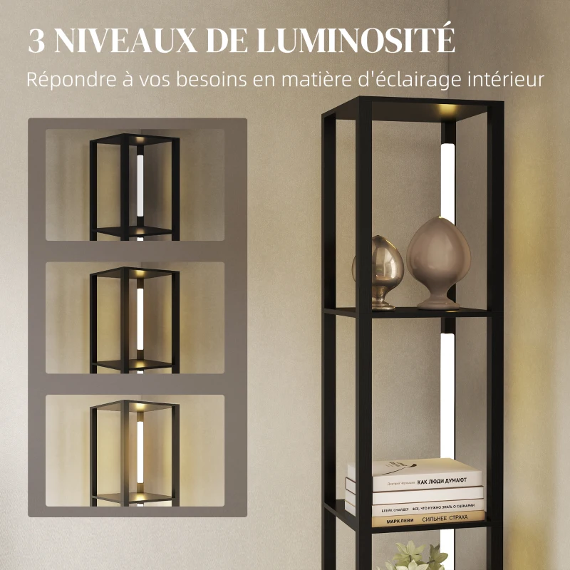 HOMCOM Lampadaire avec étagères 4 niveaux dimmable LED variateur d'intensité interrupteur à pied pour salon chambre bureau noir