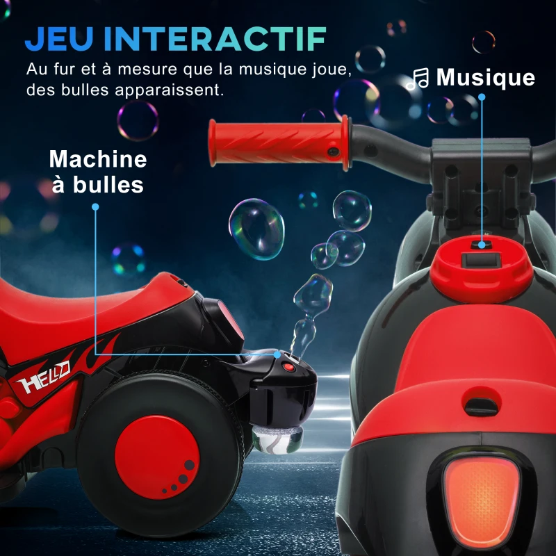 AIYAPLAY Moto électrique enfants 2-5 ans, 3 roues, 6 V, 3 km/h, avec fonction de bulles, effets lumineux et sonores, rouge