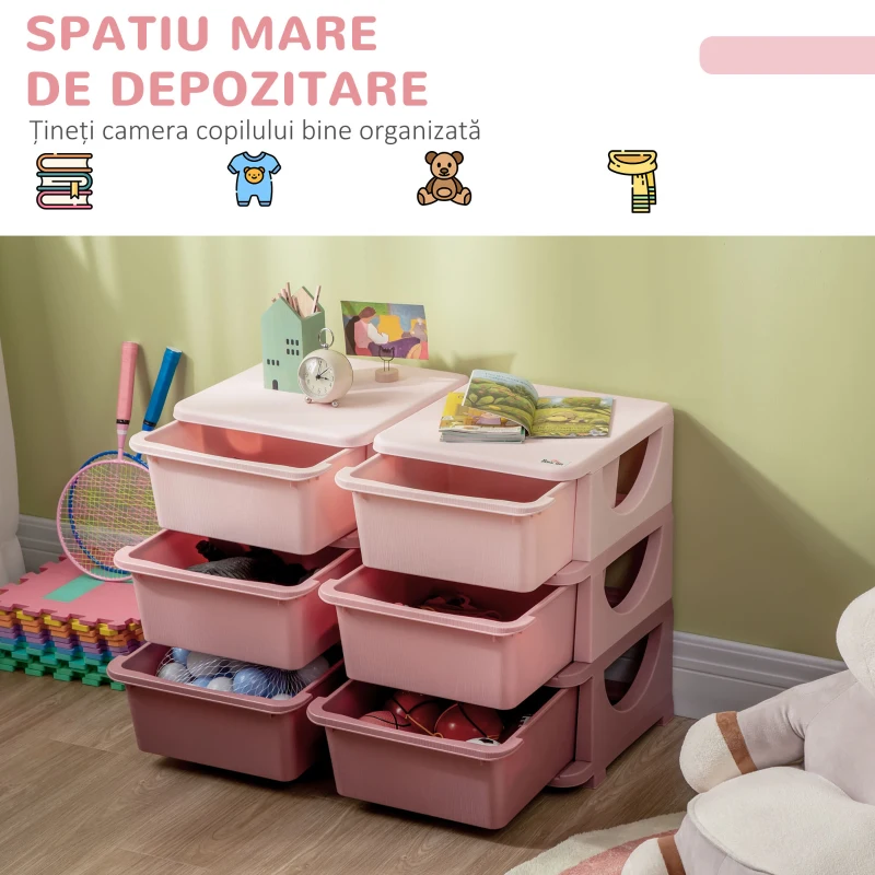 HOMCOM Comodă cu 6 Sertare pentru Copii 3-6 Ani cu Margini Rotunjite, din PP Roz, 75x37x56.5 cm