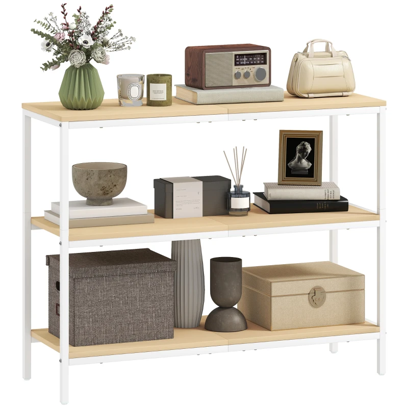 HOMCOM Consola de Recibidor con 3 Estantes Abiertos y Patas de Metal para Pasillo Entrada Salón Dormitorio Natural y Blanco