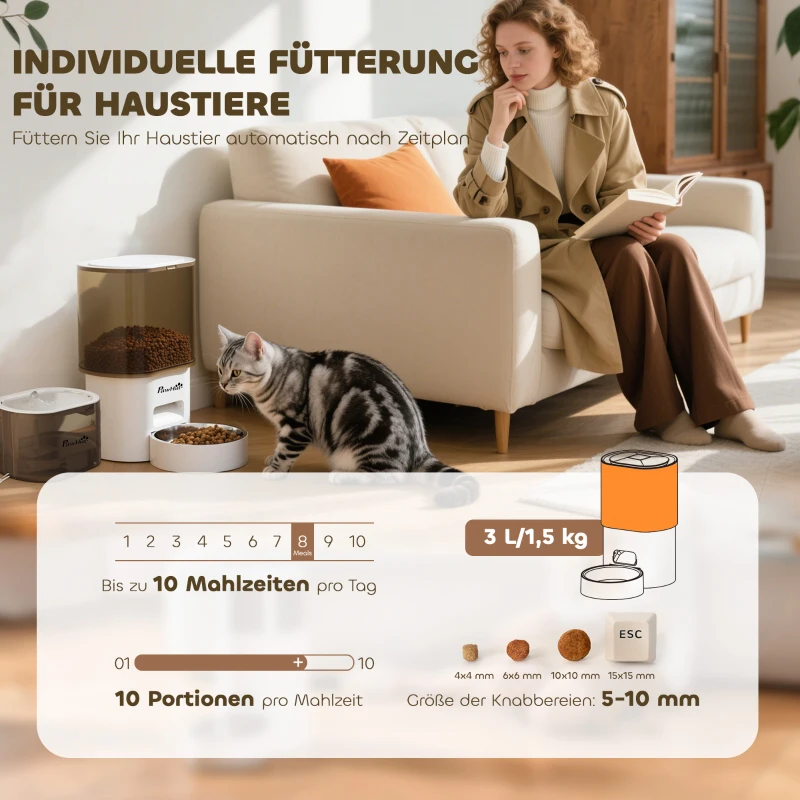 PawHut Automatischer Futterspender und 2,5 L Wasserspender für kleine Hunde, Katzen Weiß