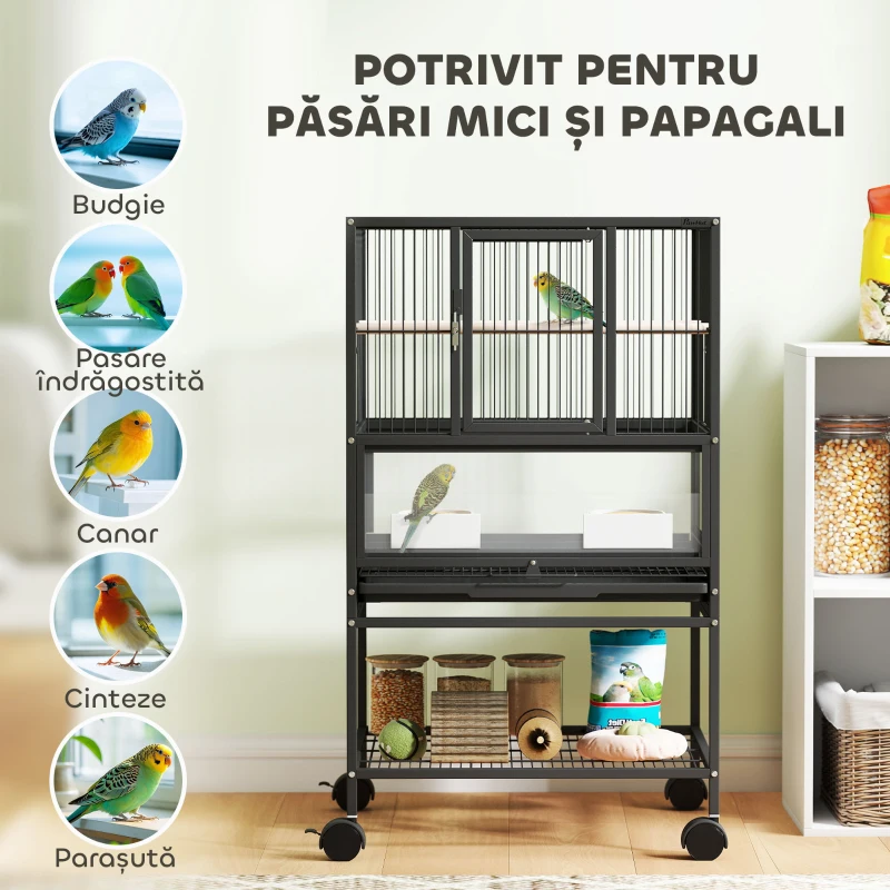 PawHut Cușcă pentru Păsări cu Roți cu Raft Inferior, Tavă și Grilă Negru