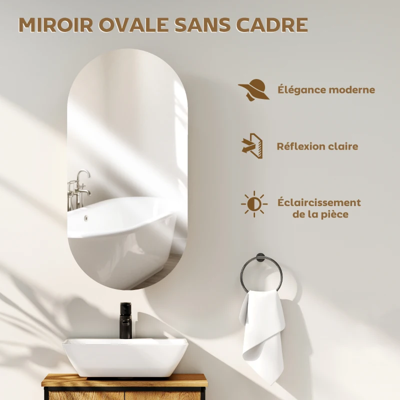HOMCOM Armoire murale salle de bain avec miroir ovale 45 x 90 cm moderne sans cadre bois naturel