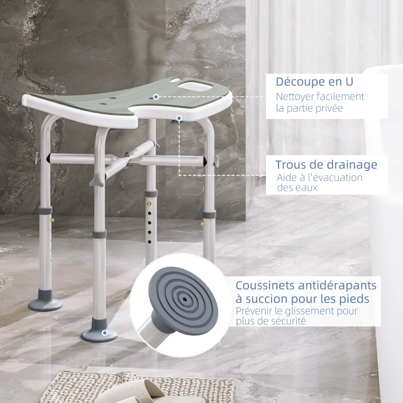 HOMCOM Tabouret de douche siège de douche hauteur ajustable 39-51,5 cm barre d'appui à ventouse patins à ventouse gris
