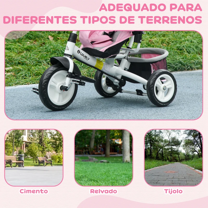 HOMCOM Triciclo para Bebés Evolutivo com Capota Dobrável Guiador Telescópico e Removível Bolsa e Porta-Garrafas 102x49x102 cm Rosa