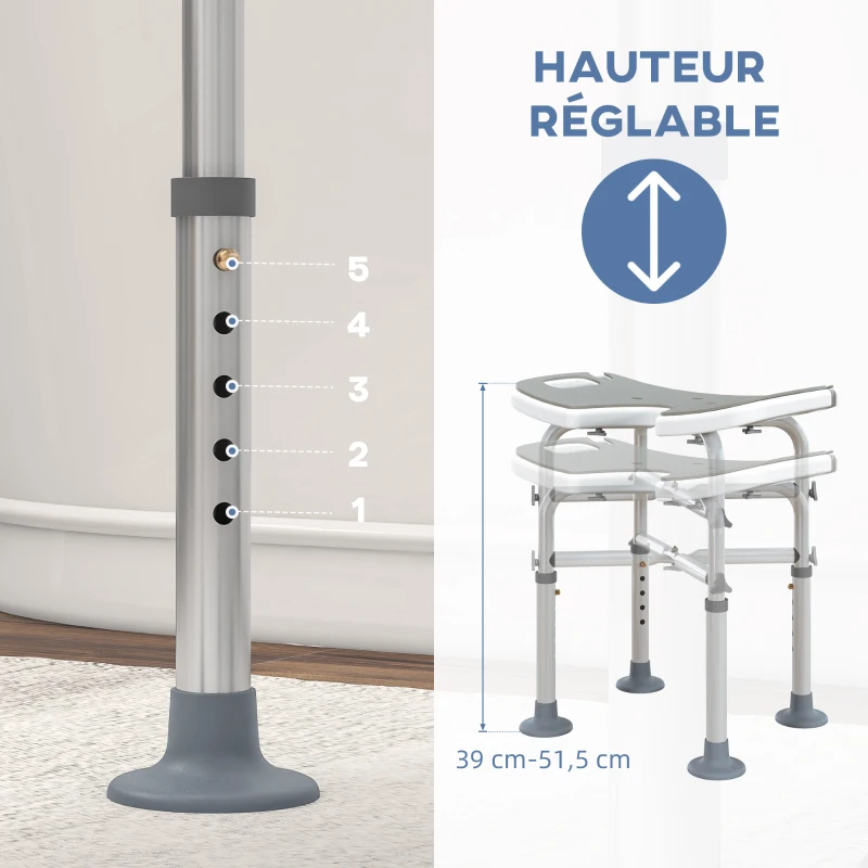 HOMCOM Tabouret de douche siège de douche hauteur ajustable 39-51,5 cm barre d'appui à ventouse patins à ventouse gris