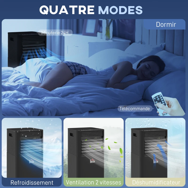 HOMCOM Climatiseur mobile 7000 BTU avec télécommande, minuterie 24H, jusqu'à 26 m², classe énergétique A, noir