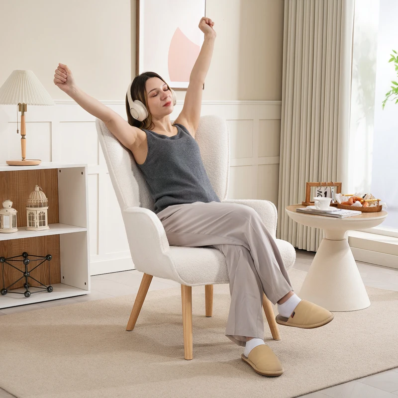 HOMCOM Fauteuil de salon en tissu bouclette, fauteuil capitonné et rembourré avec pieds en bois, 71 x 74 x 96 cm, beige