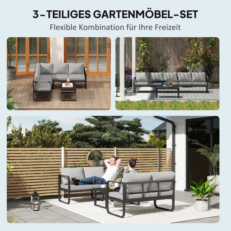 Outsunny Gartenmöbel-Set, 2-Sitzer-Sofa, 3-Sitzer-Sofa, Couchtisch, rostfreier Metallrahmen, Terrassenmöbel, Grau