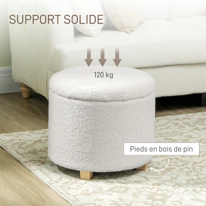 HOMCOM Pouf coffre rangement, tabouret rond, pouf repose-pieds en tissu bouclette, charge 120 Kg, Ø 45 x 41 cm, blanc