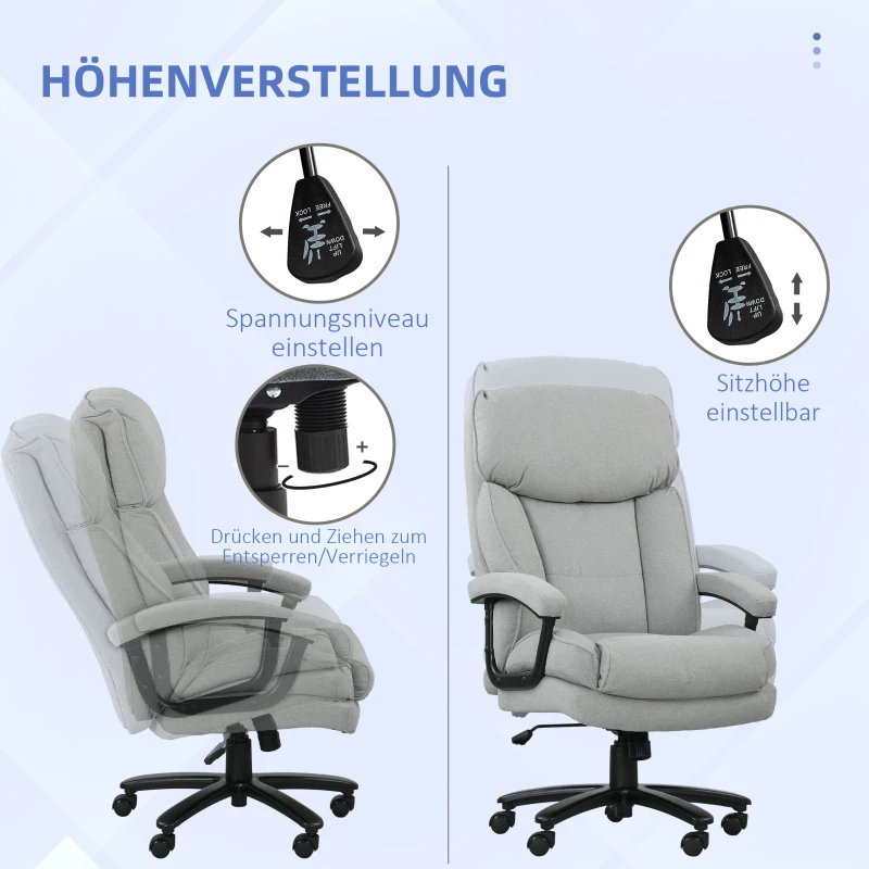 HOMCOM Großer hoher Bürostuhl, 200 kg Tragekapazität, robuste Konstruktion, weicher Bezug, Hellgrau(m-5)