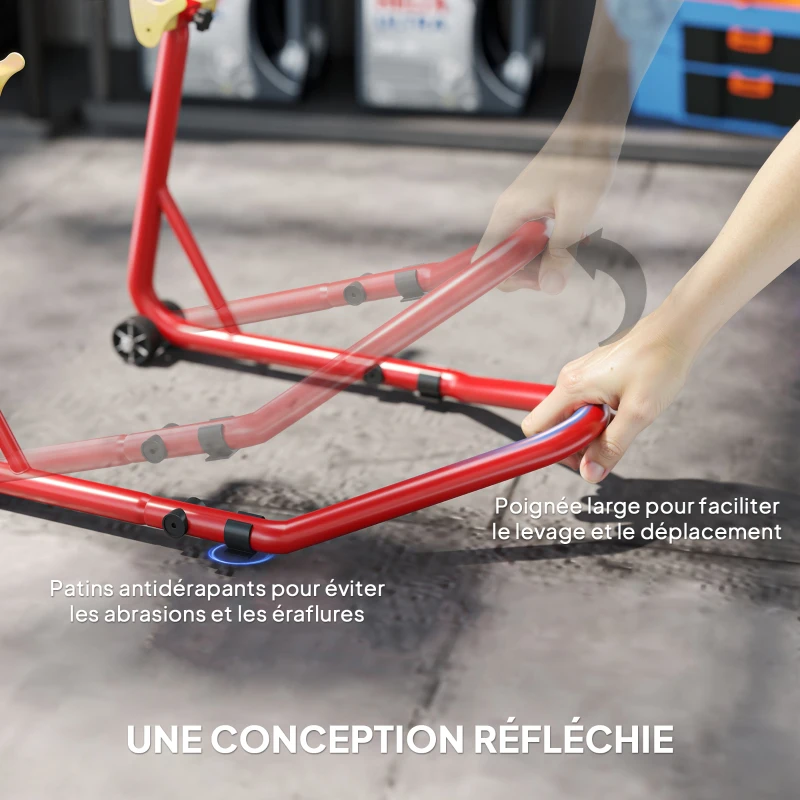 HOMCOM Bloque roue de moto pour pneu arrière capacité 544 kg avec fourches réglables en U et L en acier 58,5x34,5x69 cm rouge
