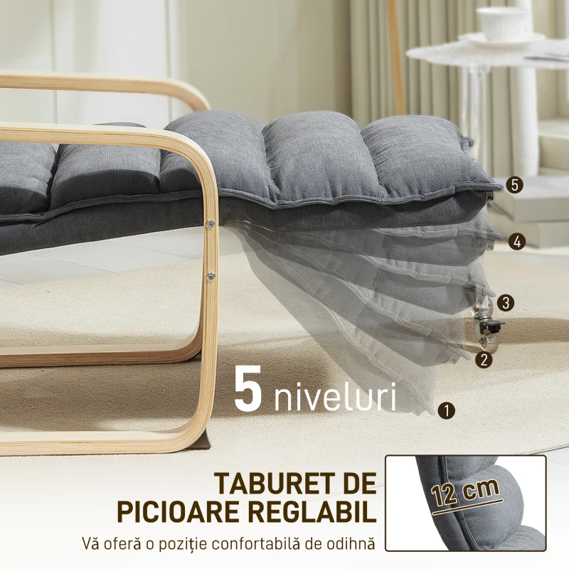 HOMCOM Fotoliu Ergonomic Lemn și Catifea Suport pentru Picioare Reglabil Gri Închis