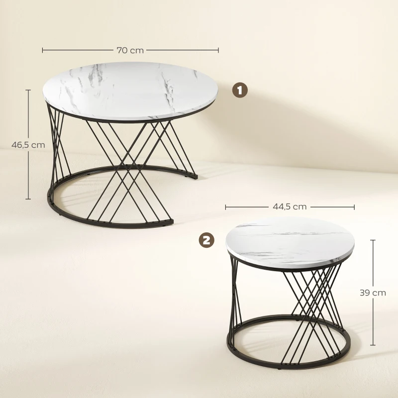 HOMCOM Ensemble de 2 tables basses avec effet marbre, panneau de particules, métal, tables basses rondes pour salon, gigogne, blanc