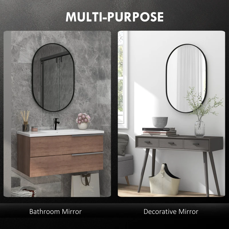 HOMCOM Specchio Bagno Ovale da Parete con Cornice in Alluminio, Verticale o Orizzontale, 60x90cm, Nero