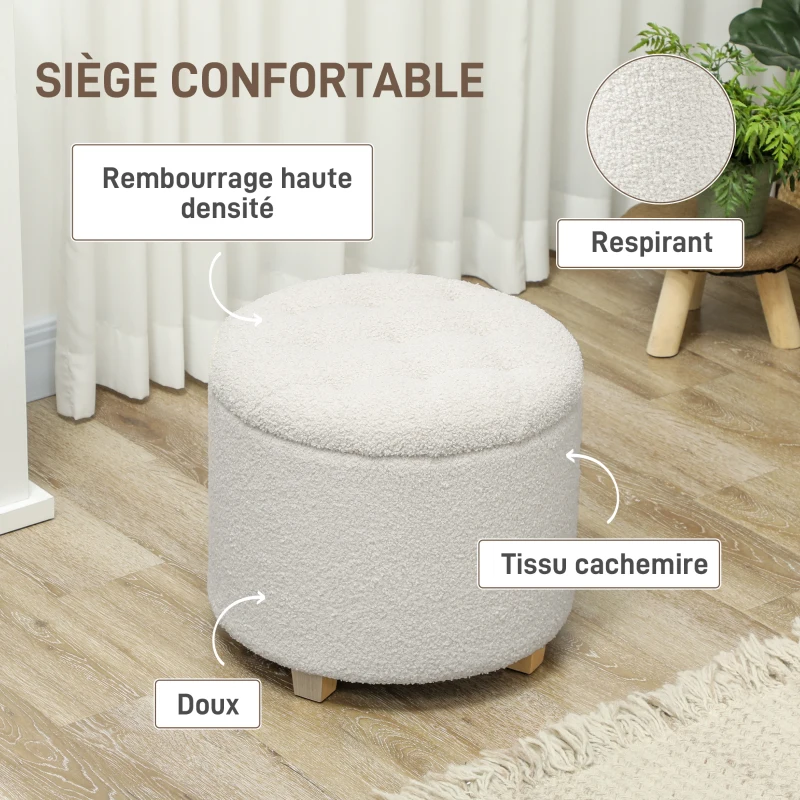 HOMCOM Pouf coffre rangement, tabouret rond, pouf repose-pieds en tissu bouclette, charge 120 Kg, Ø 45 x 41 cm, blanc